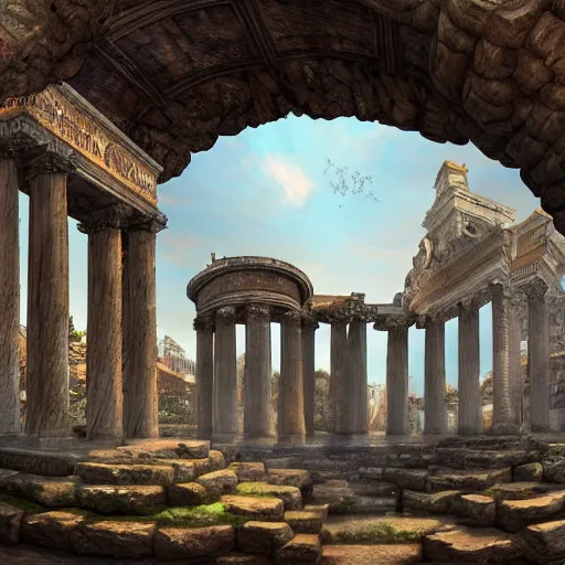 Prompt: sprawling roman city built in the roots of a collosal tree, wide shot, digital art, detailed, fantasy