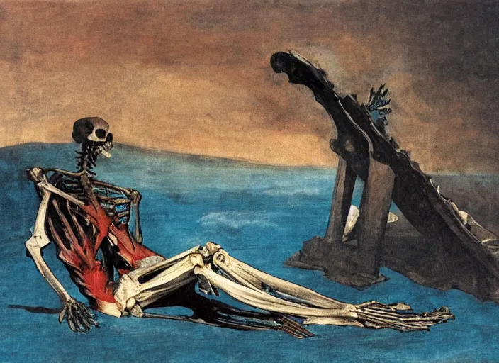 Prompt: a dark figure seated on a whale skeleton swimming in the sea by francisco goya and francis bacon, vibrant red background, mythological painting, oil painting, triadic color scheme, very coherent, figure seated on a throne of marble, whale skeleton, beksinski painting