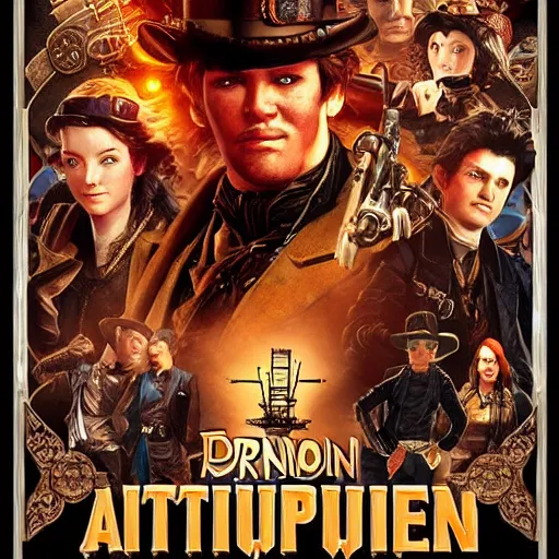 Prompt: steampunk action adventure movie poster by drew struzan,