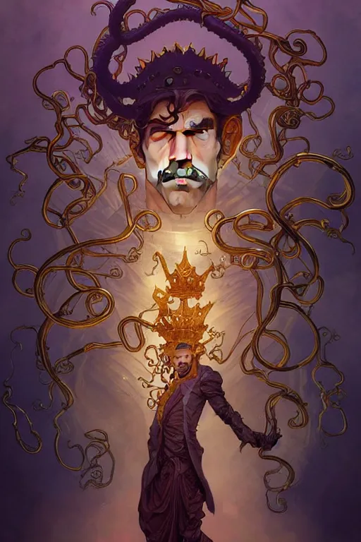 Image similar to Prince , a golden crown floating above his head, tentacles coming out the ground art by Artgerm and Greg Rutkowski and Alphonse Mucha and Craig Mullins and James Jean and Andrei Riabovitchev and Marc Simonetti and peter mohrbacher, sharp focus, ominous, cosmic horror, trending on artstation, Ultra detailed, hyper realistic 4k