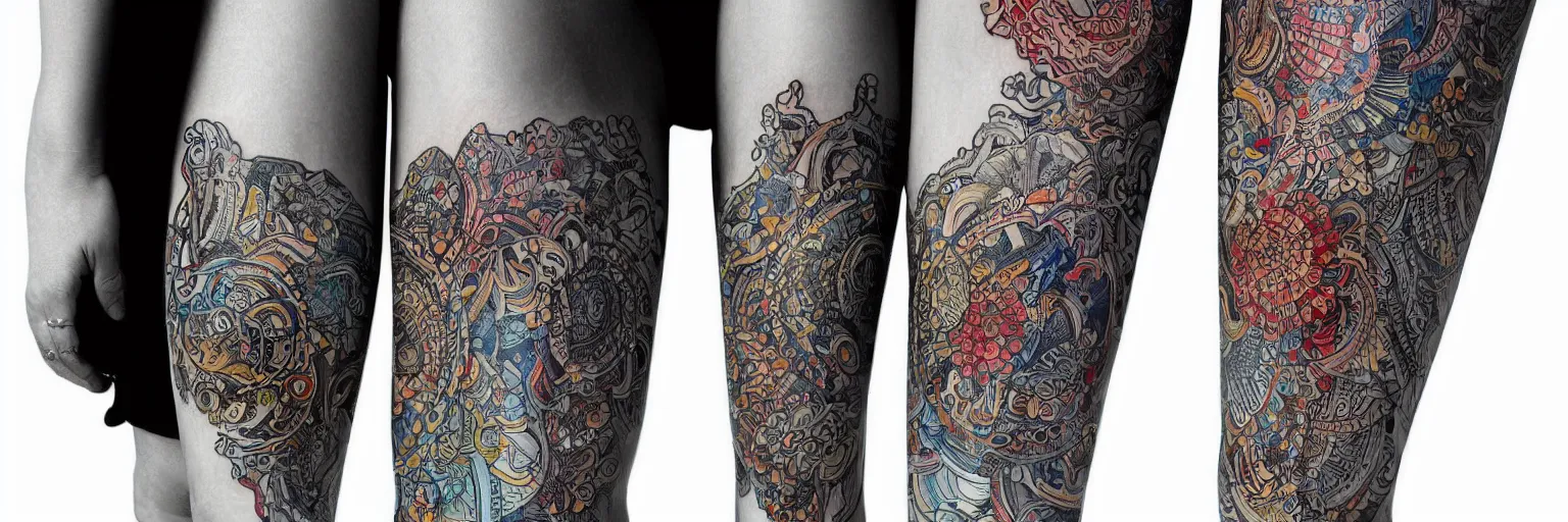 Image similar to intricate colorful tattoos design pattern for legs, by yakuzas, art on a canvas