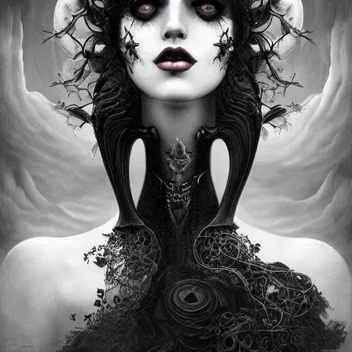 Image similar to By Tom Bagshaw, ultra realist soft painting of curiosities carnival by night, very beautiful horn female long gothic dress thin dark lustrous hair, partial symmetry features, very intricate details, omnious sky, black and white, volumetric light clouds