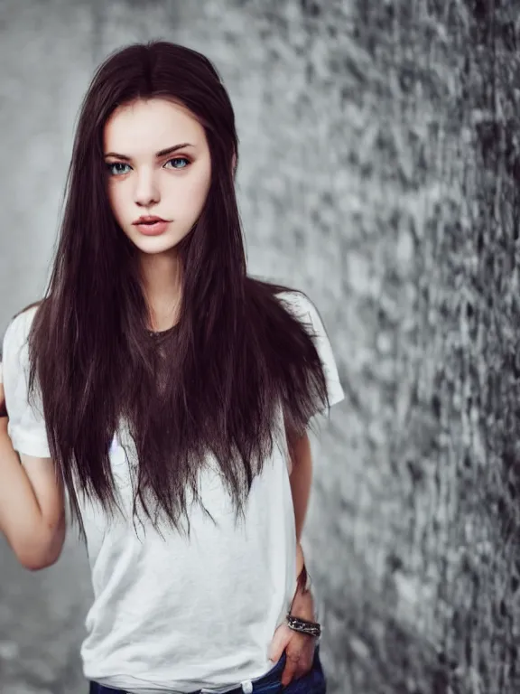 Prompt: hyperdetailed photo of a beautiful ukrainian girl with brown eyes and dark bob hairstyle, winds of winter, with plain jeans and t - shirt