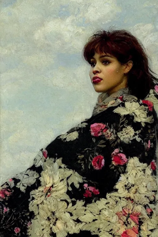 Image similar to close - up fashion black woman portrait airy flowers cloudy sky art by vasnetsov