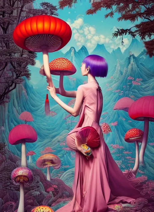 Image similar to pretty chinese model with hallucination mushroom : : by martine johanna and simon stalenhag and chie yoshii and casey weldon and wlop : : ornate, dynamic, particulate, rich colors, intricate, elegant, highly detailed, centered, vogue, fashion magazine, smooth, sharp focus, octane render, 8 k