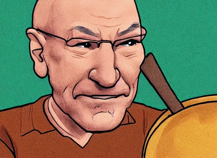 Image similar to a cartoon of patrick stewart sitting inside a big pot of stew