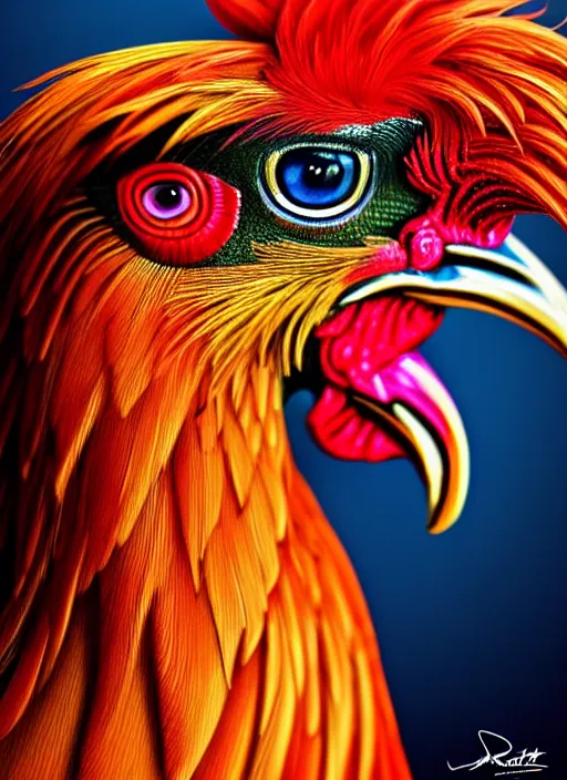 Prompt: photo of a gorgeous rooster, professionally retouched, soft lighting, realistic, colorful feathers, full body shot, torso, perfect eyes, sharp focus on eyes, 8 k, high definition, insanely detailed, intricate, elegant, art by artgerm and j scott campbell