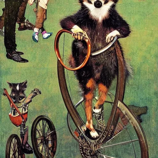 Prompt: Norman Rockwell painting of a raccoon riding a penny-farthing