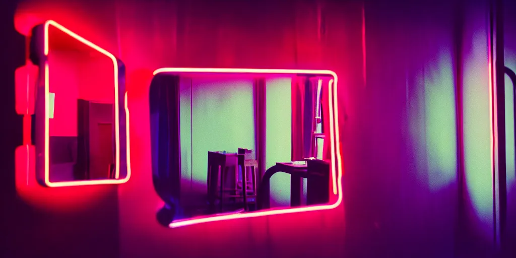 Prompt: mirror, neon lights, dirty, ektachrome photograph, volumetric lighting, f 8 aperture, cinematic eastman 5 3 8 4 film