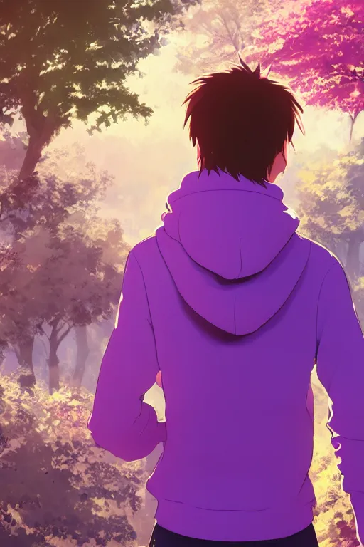 Image similar to young man in a purple hoodie, back view, messy short brown hair, detailed neighbourhood background, trees, colourful, 8 k, anime, ghibli style, graphic novel, digital art trending on artstation, volumetric lighting, octane render, cinematic, hyper detailed