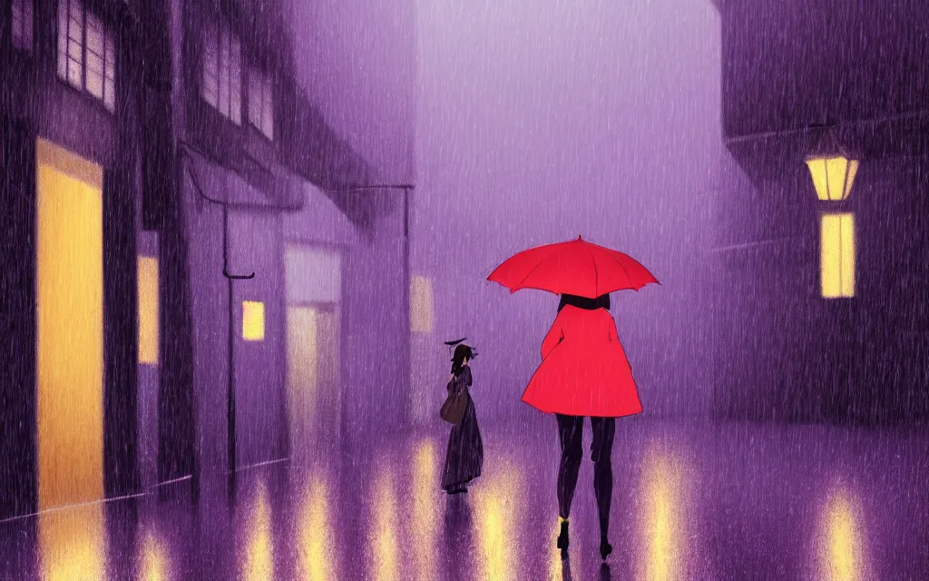 Prompt: a woman holding a purple umbrella walking on the wet street on a rainy night in a kyoto alley way by makoto shinkai by studio ghibli and by wes anderson. dramatic lighting. cel shading.