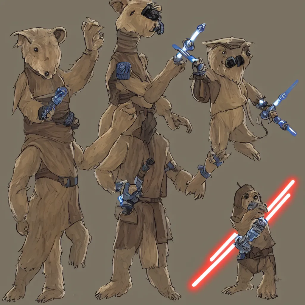 Prompt: an anthropomorphic bipedal wombat, standing upright, star wars, jedi clothing, jedi costume, holding a bright light saber with hands, fighting pose, wide shot, stylized illustration, trending on furaffinity