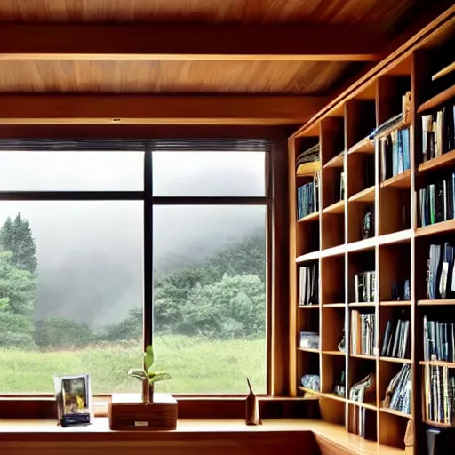 Image similar to a peaceful room with a desk and bookshelves, calm and serene, with rain visible through the windows of the room.