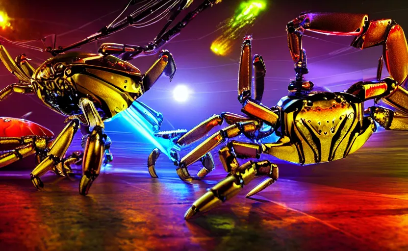 Image similar to robocrab cybercore disco rave, highly detailed, extremely high quality, hd, 4 k, 8 k, professional photographer, 4 0 mp, lifelike, top - rated, award winning, cinematic, realistic, detailed lighting, detailed shadows, sharp, no blur, edited, corrected, trending