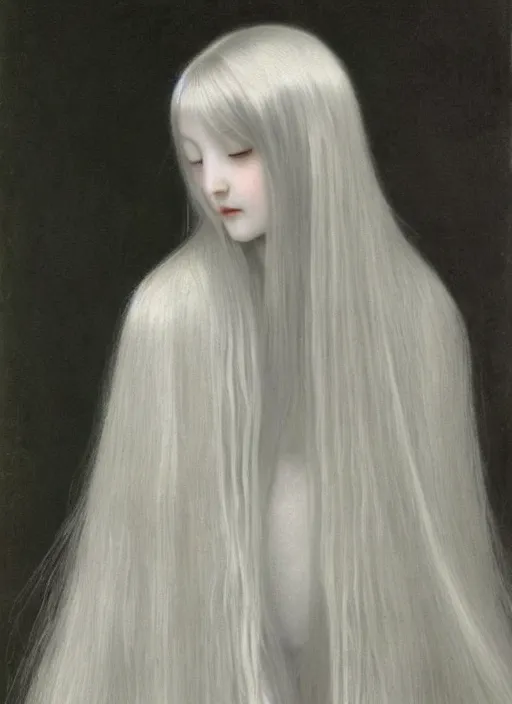 Image similar to thin young wan angel, silver hair so long, pale!, long silver hair, silver angel wings, smooth skin, wan adorable korean face, silver hair!!, style of fernand khnopff and lucien levy - dhurmer, oil on canvas, 1 8 6 2, 4 k resolution, aesthetic!,