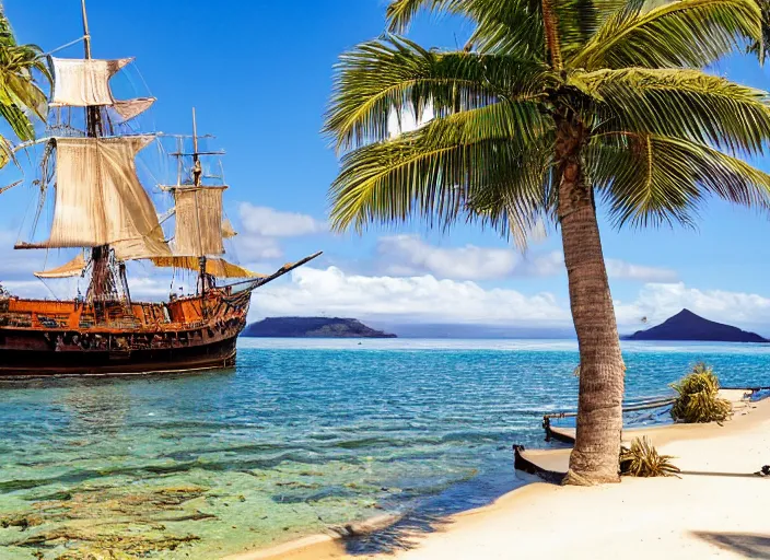 Prompt: photo of the hms bounty ship in a tranquil beautiful island cove with palm trees, a volcano smoking