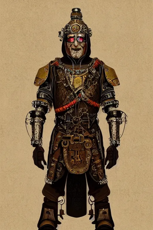 Image similar to beautiful calm bright ai generated fullbody character illustration of a very old timetraveller highpriest in ornated wooden armor and decorated sacred outfit and heavily equipped with steampunk cyberwares. rendered by machine.delusions. inspired by: @machine.delusions on instagram. Slightly reminds to boris valejho style. Fullbody portrait uncut centered cinematic, dramatic pose medieval combined with steampunk