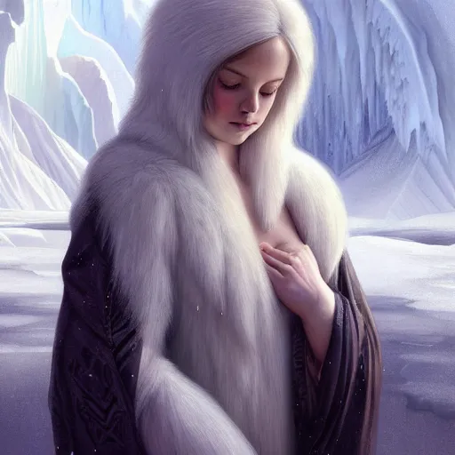 Image similar to portrait of mighty baby harp seal god, white hair, soft hair, d & d, powerful, ice and glaciers, arctic, fantasy, intricate, elegant, highly detailed, digital painting, artstation, concept art, smooth, sharp focus, illustration, art by artgerm and greg rutkowski and alphonse mucha