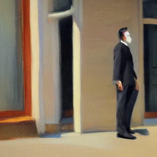 Image similar to impressionist painting of an anonymous man in a suit, standing in a doorway, artstation