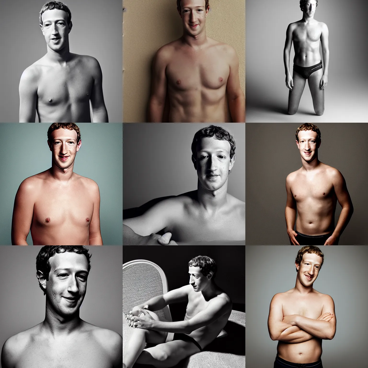 Image similar to Photo of Mark Zuckerberg in swimsuit, soft studio lighting, photo taken by Martin Schoeller for Abercrombie and Fitch, award-winning photo, 24mm f/1.4