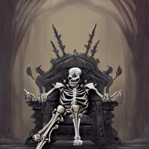 Image similar to skeleton king sitting on a throne in a palace by Stanley Artgerm Lau, frank frazetta, Rossdraws, James Jean, gerald brom, Andrei Riabovitchev, Marc Simonetti, and Sakimichan, trending on artstation, SFW version