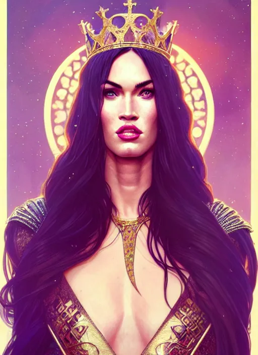 Image similar to portrait of megan fox as a queen, throne, jewelry, greek, violette, intricate, headshot, highly detailed, digital painting, artstation, concept art, sharp focus, cinematic lighting, illustration, art by artgerm and greg rutkowski, alphonse mucha, cgsociety