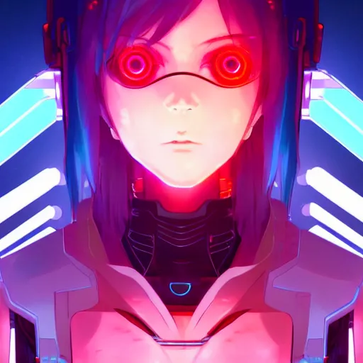 Image similar to digital cyberpunk anime character concept art, gorgeous anime girl symmetrical face, small female android cyborg - angel, glowing red left eye and glowing blue right eye, fullbody!! wlop, rossdraws sakimimichan, ilya kuvshinov, krenz cushart, greg rutkowski.