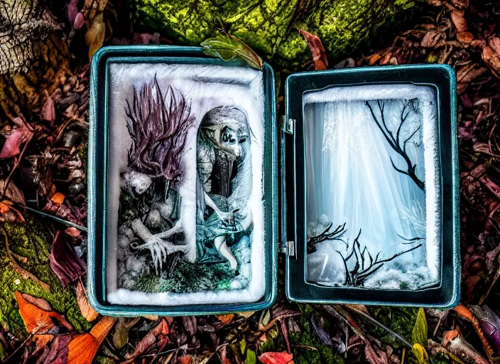 Image similar to photo of a crystal box with horrors inside in the forest. Fantasy horror style. Highly detailed 8k. Intricate. Nikon d850 55mm. Award winning photography.