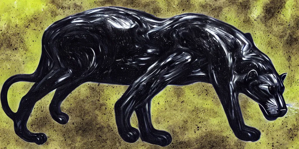 Prompt: a panther, made of tar, in a suburban backyard, dripping tar. concept art, reflections, black goo, animal drawing