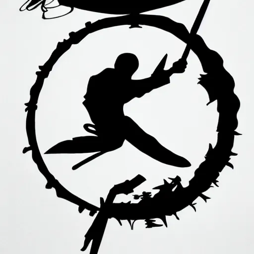 Image similar to tattoo design, stencil, a ninja jumping in the air with a sword