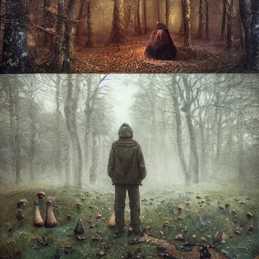 Image similar to an old broken hut mage of huge mushrooms, snow in an autumn forest, animals, green and brown tones, by Aron Wiesenfeld and beksincki, in the style Bev dolittle, cinematic, detailed illustration, nature, fog, dark colors, suspense, intricate, 8k in the style