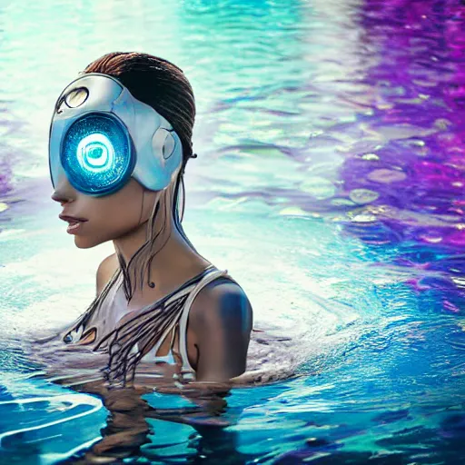 Image similar to beautiful centered Fine art photo portrait of Sommer Ray as a solarpunk robotic humanoid treading on water, white mechanical parts with led lights, photorealistic, white background, highly detailed and intricate, sun lighting, HDR 8k