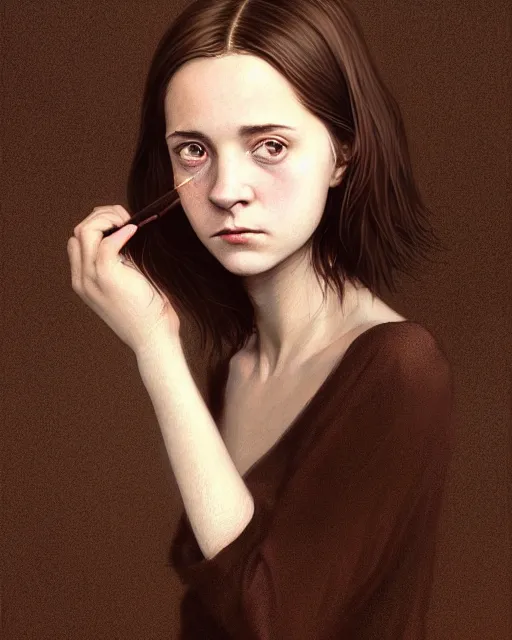 Prompt: portrait of a welsh teenage girl with brown hair, dark brown eyes, glowing skin, delicate features, quiet beauty, amelie poulain, young Mary Louise Parker, fantasy, intricate, elegant, dress shirt, highly detailed, digital painting, artstation, concept art, smooth, sharp focus, illustration, art by Krenz Cushart and Artem Demura and alphonse mucha