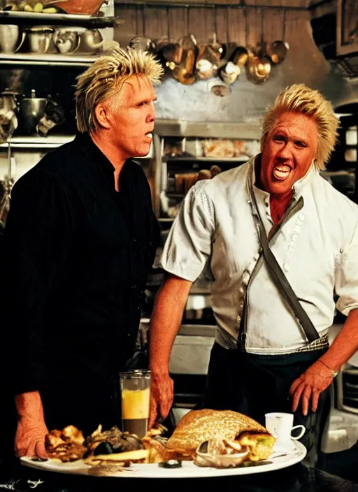 Image similar to gary busey is presented with the worst kind of food in a cafe and vows to eat the chef, by rick berry and norman rockwell