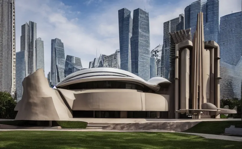 Image similar to an architectural masterpiece by frank Lloyd wright and Zaha hadid