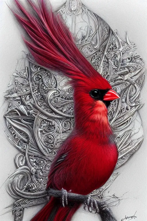 Prompt: Ethereal Cardinal bird, intricate detail, ornate, conceptual art, color pencil sketch, dynamic, art by artgerm