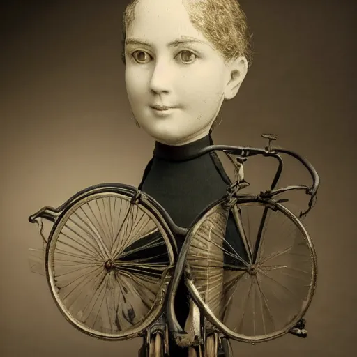 Prompt: close up portrait of a life size victorian mannequin standing in with a bicycle, 8 k, soft lighting, highly detailed realistic, face in focus 1 8 9 0's liminal