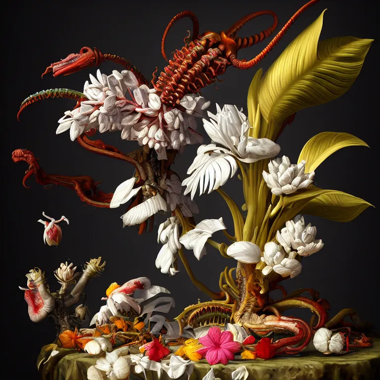 Prompt: still life of white xenomorph, beautiful tropical flowers, human spine, colorful mold, baroque painting, beautiful detailed intricate insanely detailed octane render, 8K artistic photography, photorealistic, chiaroscuro, Raphael, Caravaggio