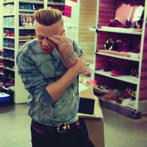 Image similar to Macklemore having a mental breakdown at Goodwill