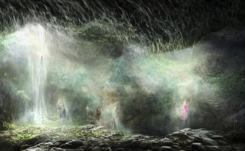 Image similar to a beautiful and stunning professional digital artwork of women worshipping god in cave, haze, spores floating in the air, waterfall, volumetric lighting, hyperrealistic, rtx on, ultra detail