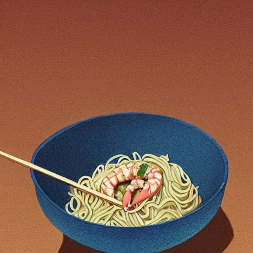 Image similar to illustration of noodles bowl with shrimps on makisu in traditional japan style, by makoto shinkai and takashi takeuchi