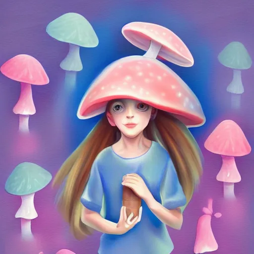 Image similar to Digital Painting of cute mushroom girl. Digital Art, 8k, Pastel Colors.