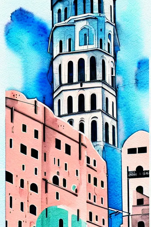 Image similar to minimalist colorful watercolor line art of galata tower istanbul, art deco, cityscape, matte drawing, poster art