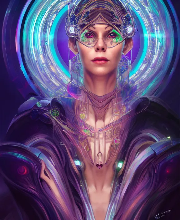 Image similar to a whirlwind of souls rushing inside the metaverse, half body, glowin eyes, tiara, pharaoh, android, cyborg, cyberpunk face, by loish, d & d, fantasy, intricate, elegant, highly detailed, colorful, vivid color, digital painting, artstation, concept art, art by artgerm and greg rutkowski and alphonse mucha