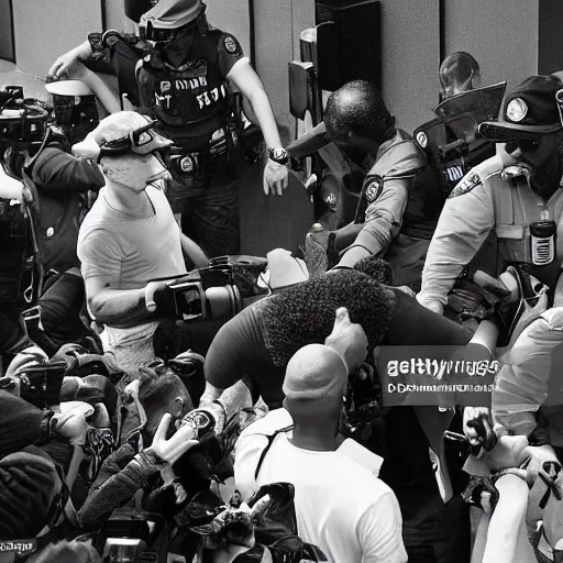 Image similar to rapper leaving a police station surrounded by paparazzi and fans after being arrested, ultra detailed, photorealistic, dynamic light