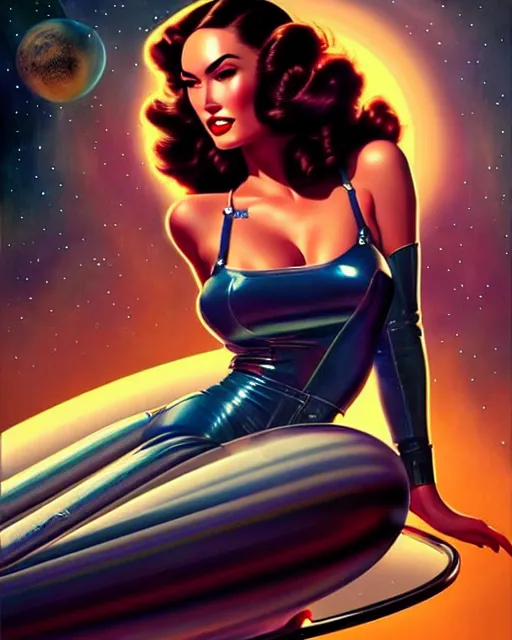 Image similar to beautiful retro space megan fox varga girl posing on a chrome space ship in diesel punk city, windblown dark hair, retro pinup model, seductive, 1 9 4 0, hyper detailed, digital art, smooth, sharp focus, gil elvgren, anna dittmann,