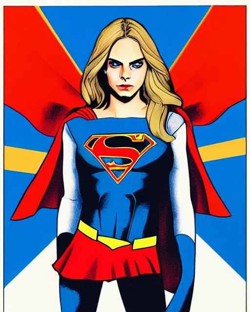 Image similar to high quality presentation digital print of a cara delevigne as supergirl, soviet propaganda style