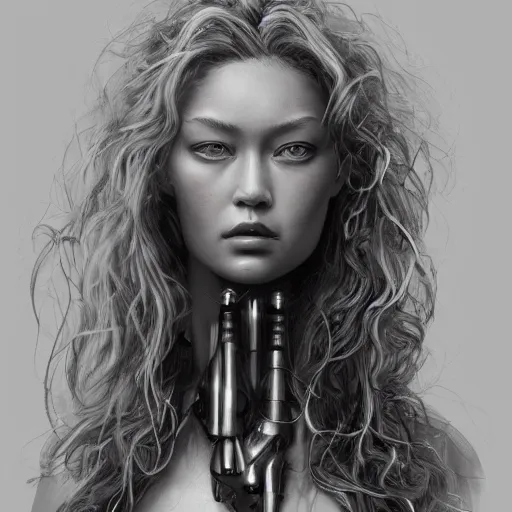 Image similar to portrait of a girl by simon bisley, mixture between doutzen kroes and gigi hadid, she is about 2 5 years old, long curly hair, very tall and slender, she is wearing a battle mech suit, highly detailed portrait, digital painting, artstation, concept art, smooth, sharp foccus ilustration, artstation hq