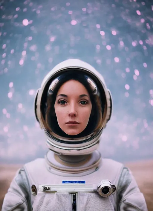 Prompt: photograph portrait of a very pretty!!! woman! symmetric face, petzval lens. out of focus, look at the camera. in an very detailed astronaut costume. futuristic helmet, space station. by alesio albi and george lucas and stanley kubrick
