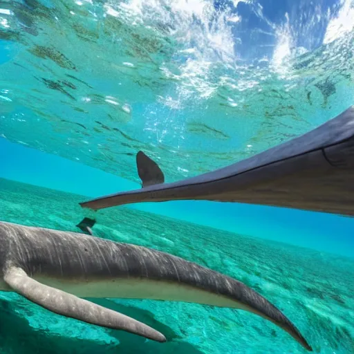 Image similar to photo of a plesiosaur swimming next to boat in crystal clear tropical water